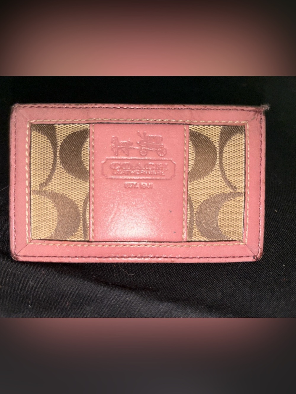 Coach Signature Canvas Card Holder Wallet with Pink Trim